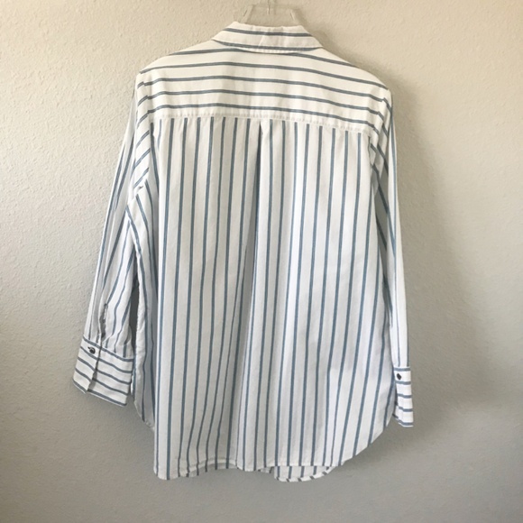 Talbots Boyfriend Striped 1X Long Sleeve Button-Up 100% Cotton Shirt White Blue - Picture 2 of 7